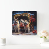 Akita Snowy Sleigh Ride Kerstdecoratie Vierkante Klok (Huis)