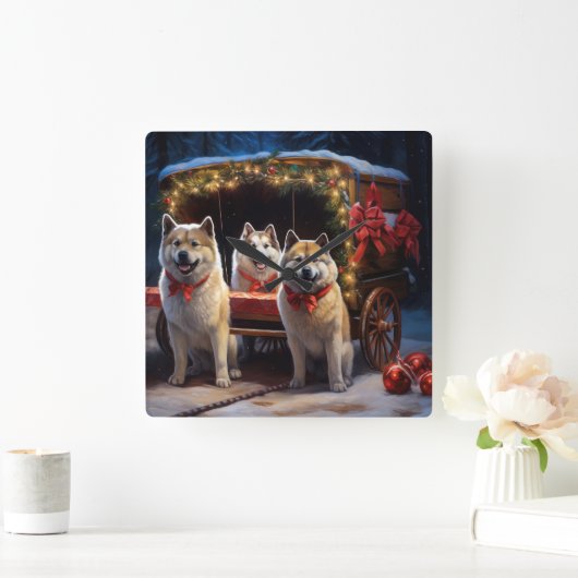 Akita Snowy Sleigh Ride Kerstdecoratie Vierkante Klok (Huis)