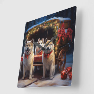 Akita Snowy Sleigh Ride Kerstdecoratie Vierkante Klok