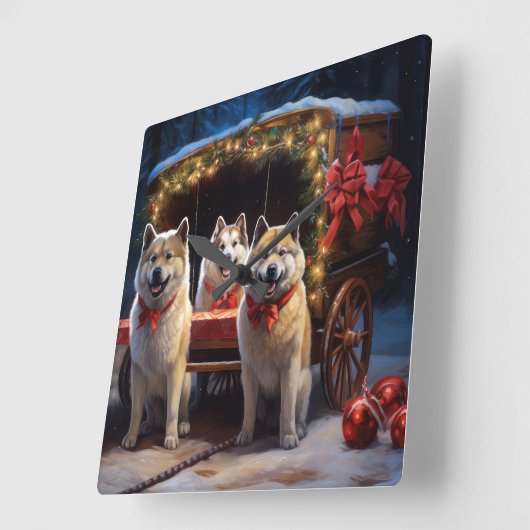Akita Snowy Sleigh Ride Kerstdecoratie Vierkante Klok (Hoek)