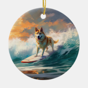 Akita Strand Surfen Schilderij Keramisch Ornament