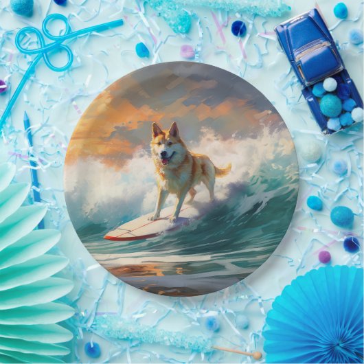 Akita Strand Surfen Schilderij Papieren Bordje (Feest)