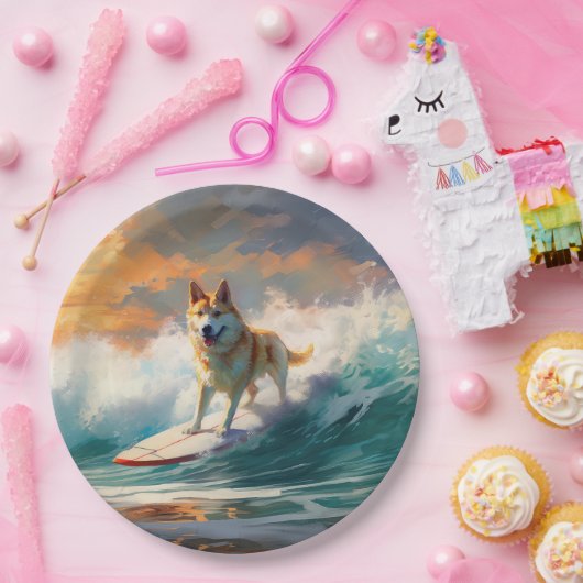 Akita Strand Surfen Schilderij Papieren Bordje (Feest)
