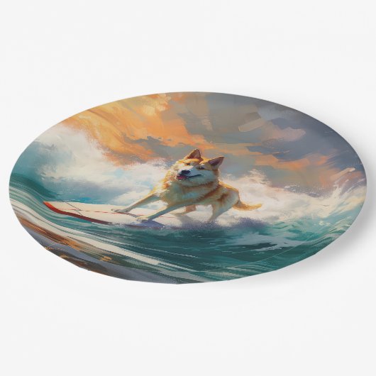 Akita Strand Surfen Schilderij Papieren Bordje (Gekanteld)