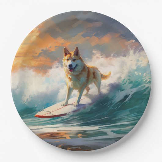 Akita Strand Surfen Schilderij Papieren Bordje (Voorkant)
