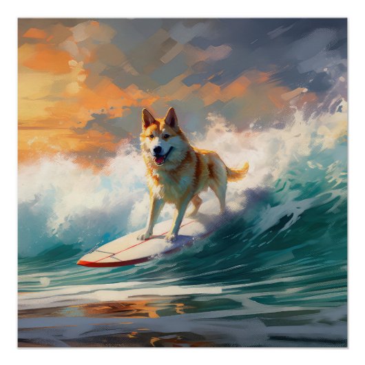 Akita Strand Surfen Schilderij Perfect Poster (Voorkant)