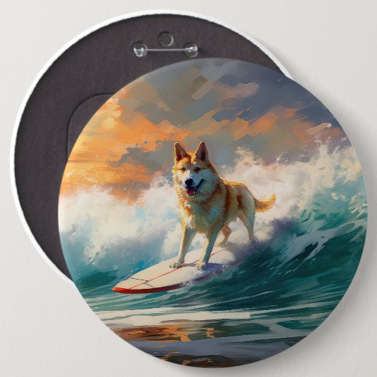 Akita Strand Surfen Schilderij Ronde Button 6,0 Cm (Voorkant /achterkant)