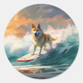 Akita Strand Surfen Schilderij Ronde Sticker (Voorkant)