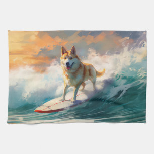 Akita Strand Surfen Schilderij Theedoek