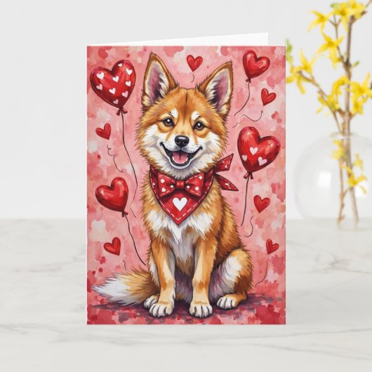 Akita Valentine’s Day Dog with Hearts Red Kaart (Gele Bloem)