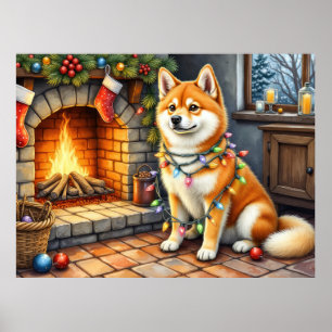 Akita zittend bij open haard met kerstverlichting poster