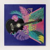 Akoestische gitaar en tropische bladeren en bloeme legpuzzel (Horizontaal)