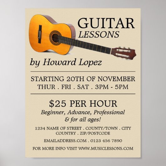 Akoestische gitaar, gitaarlessen Adverteren Poster (Voorkant)