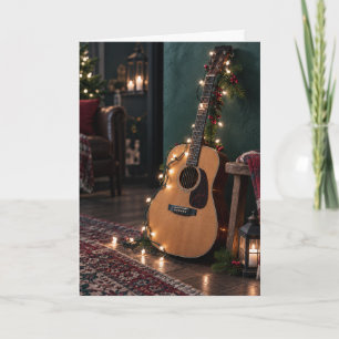 Akoestische Gitaar Lichtjes Kerstmis Opgevouwen Kaart
