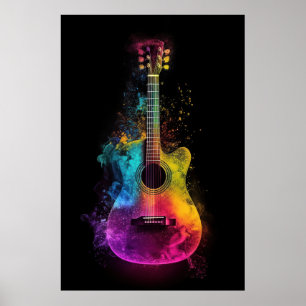 Akoestische gitaar met explosieve kleuren poster