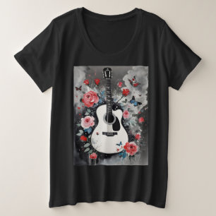 Akoestische gitaar met Rozen en vlinders Grote Maat T-shirt