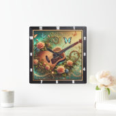 Akoestische gitaar omringd door bloemen en vlinder vierkante klok (Huis)