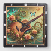 Akoestische gitaar omringd door bloemen en vlinder vierkante klok (Voorkant)