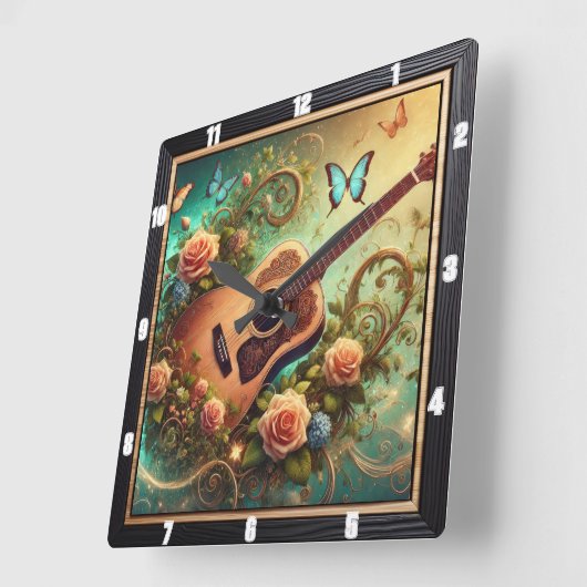 Akoestische gitaar omringd door bloemen en vlinder vierkante klok (Hoek)