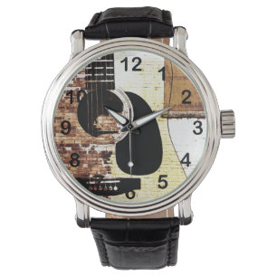 Akoestische gitaar op bakstenen achtergrond horloge