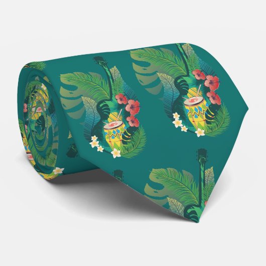 Akoestische gitaar, trommel en tropische bladeren stropdas (Opgerold)