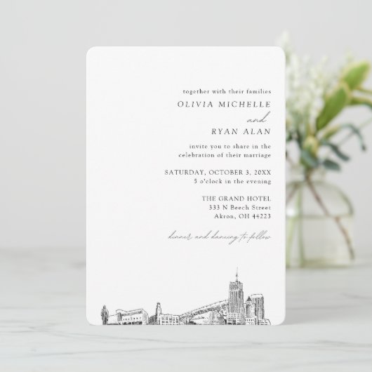 Akron bruiloft elegante skyline uitnodiging (Staand voorkant)