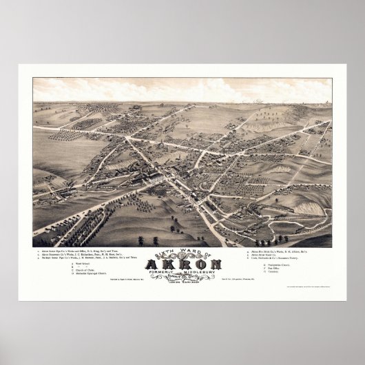 Akron, OH Panoramic Map - 1882 Poster (Voorkant)