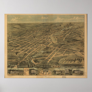 Akron Ohio 1870 Antiek Panoramische Kaart Poster