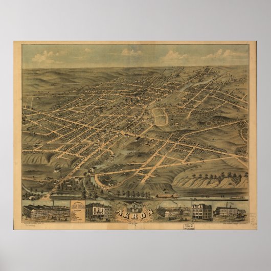 Akron Ohio 1870 Antiek Panoramische Kaart Poster (Voorkant)