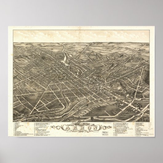 Akron Ohio 1882 Antiek Panoramische Kaart Poster (Voorkant)