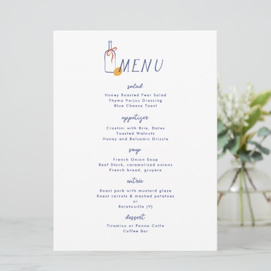 Al Fresco Wijn Lemon Blauw Wit Diner Menu Kaart (Staand voorkant)