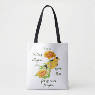 Al je zorg aan hem besteden 1 Peter 5:7 Citaat K Tote Bag