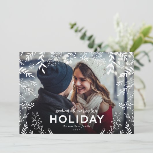 Al onze liefdesfoto met botanische overlay feestdagenkaart (Staand voorkant)