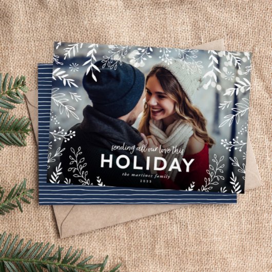 Al onze liefdesfoto met botanische overlay feestdagenkaart