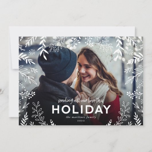 Al onze liefdesfoto met botanische overlay feestdagenkaart (Voorkant)