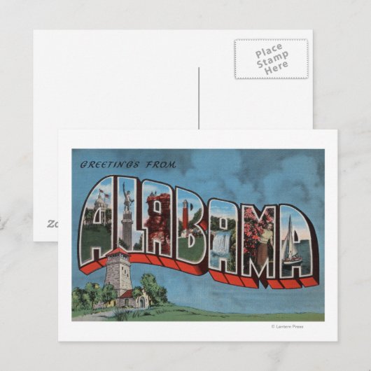 Alabama (blauw) Grote Letter-scènesAlabama Briefkaart (Voorkant / Achterkant)