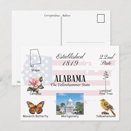 Alabama Briefkaart | Geef thema's en oriëntatiepun (Voorkant / Achterkant)