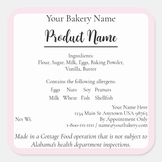 Alabama Cottage Food Business Baking Label (Voorkant)