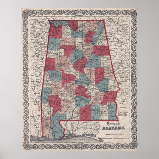 Alabama County Map (1859) Poster (Voorkant)