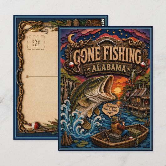 Alabama Gone Fishing Grootbekbaars Briefkaart (Voorkant / Achterkant)