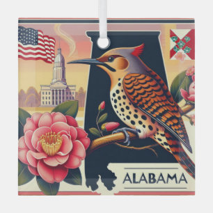 Alabama Northern Flicker Vogel & Camellia Bloem Glas Ornament