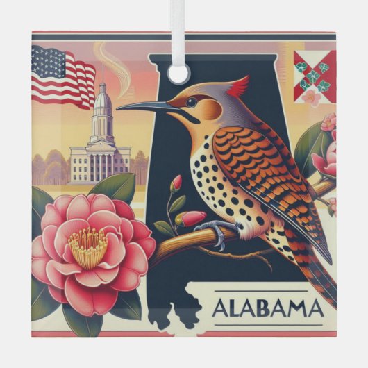 Alabama Northern Flicker Vogel & Camellia Bloem Glas Ornament (Voorkant)