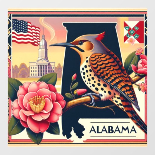 Alabama Northern Flicker Vogel & Camellia Bloem Raamsticker (Vel)