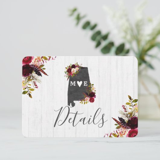 Alabama State Bestemming Rustieke bruiloft Details Kaart (Staand voorkant)