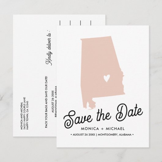 Alabama State Map Destination Wedding - ENIGE KLEU Aankondigingskaart (Voorkant / Achterkant)