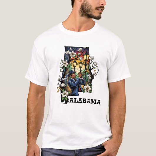 Alabama State Tattoo Style – Jazz & Magnolia T-shirt (Voorkant)
