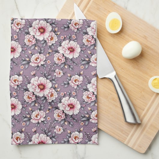 Alabaster Bloemen op Dusty Lavender Theedoek (Quarter Fold)