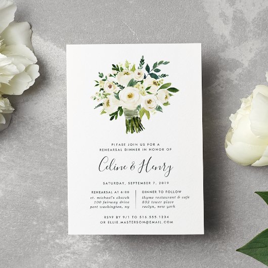 Alabaster Bouquet Rehearsal Dinner Invitation Kaart