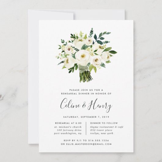 Alabaster Bouquet Rehearsal Dinner Invitation Kaart (Voorkant)