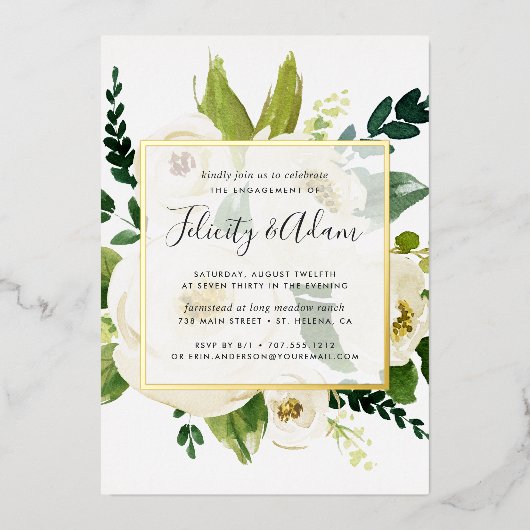 Alabaster Floral Engagement Party Gold Folie Uitnodiging (Voorkant)